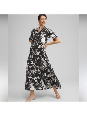 🆕 SILK FLORAL Maxi Dress CHICO’S Black White Flare Sleeve NWOT pockets 20